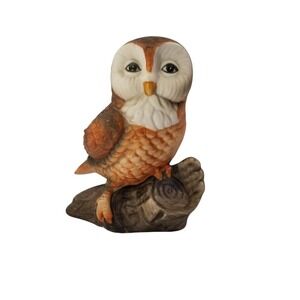 Vintage Ardco Ceramic Owl Figurine on Log Brown Orange Bird Collectible 3.5 Inch
